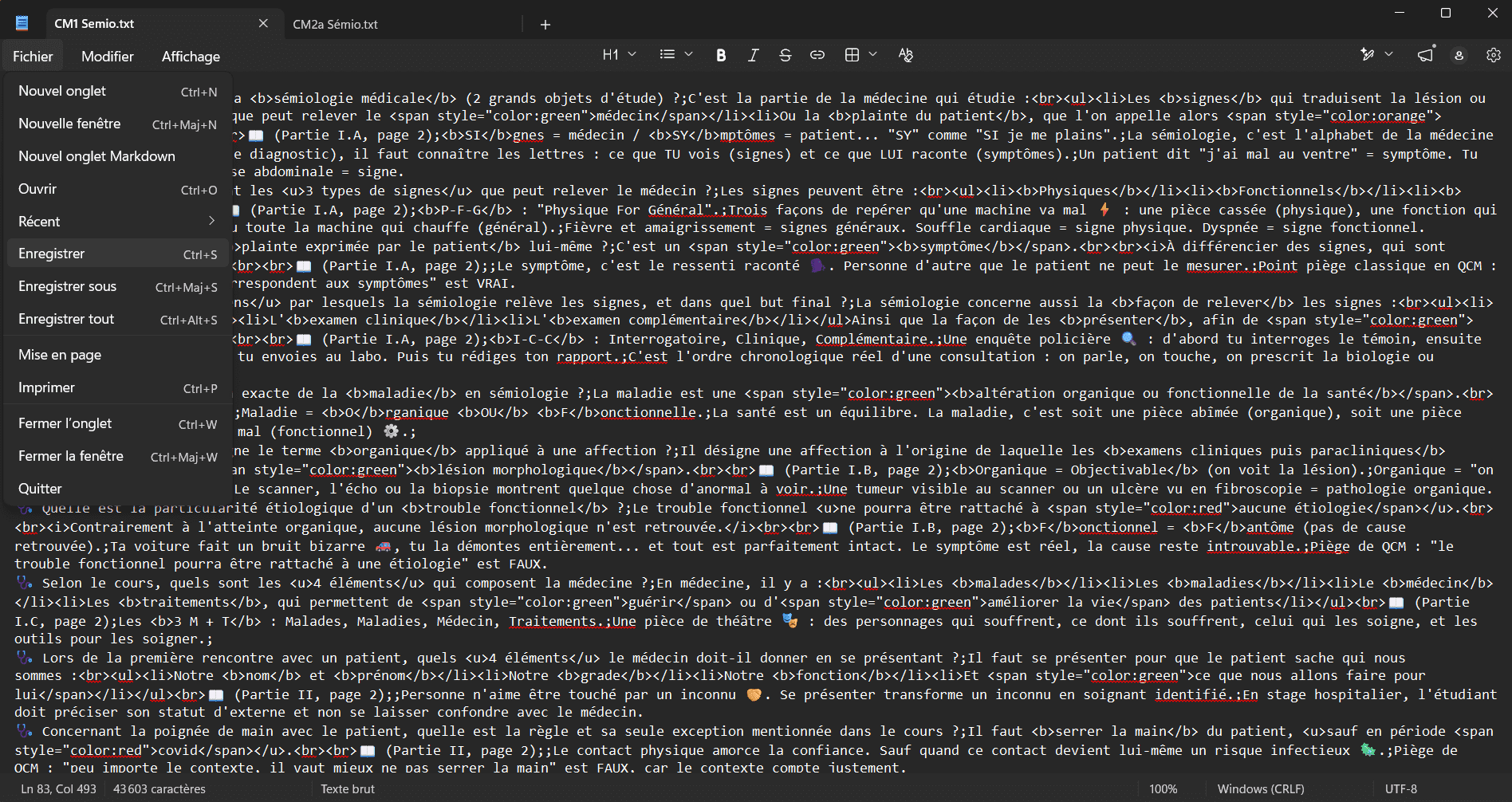 Fichier texte ouvert dans le Bloc-notes Windows, contenant les cartes générées avec leur HTML, en mode Texte brut et encodage UTF-8
