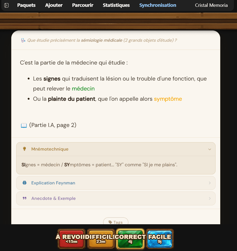 Verso d'une carte Anki au format #Parchemins de Savoir : la réponse, la source, puis les sections dépliables Mnémotechnique, Explication Feynman et Anecdote & Exemple