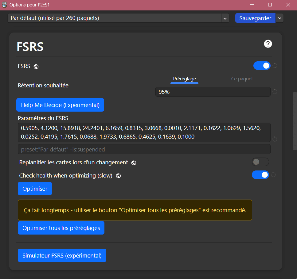 Section FSRS des options de paquet dans Anki : interrupteur activé, rétention souhaitée à 95 %, paramètres FSRS et bouton Optimiser