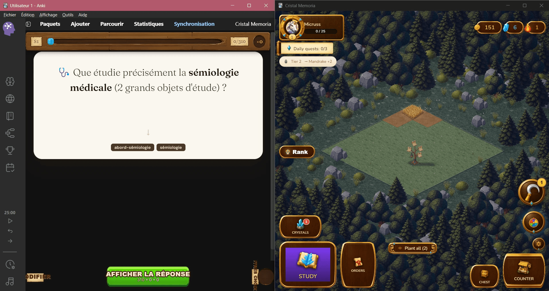 Anki avec un greffon de gamification ouvert à côté : ferme à faire pousser, quêtes quotidiennes, cristaux, rang et barre de progression