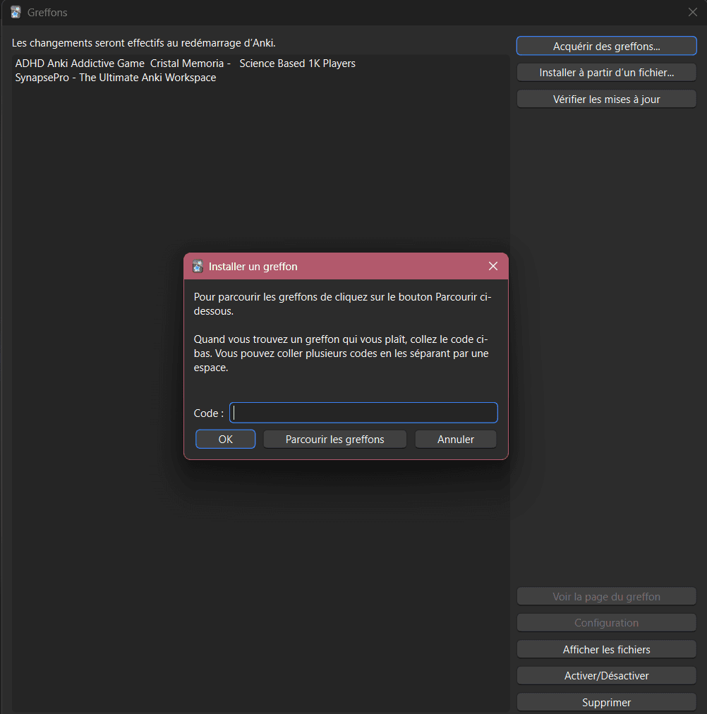 Fenêtre Greffons d'Anki avec la boîte de dialogue Installer un greffon et son champ Code
