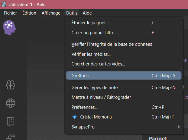 Menu Outils d'Anki, avec l'entrée Greffons surlignée