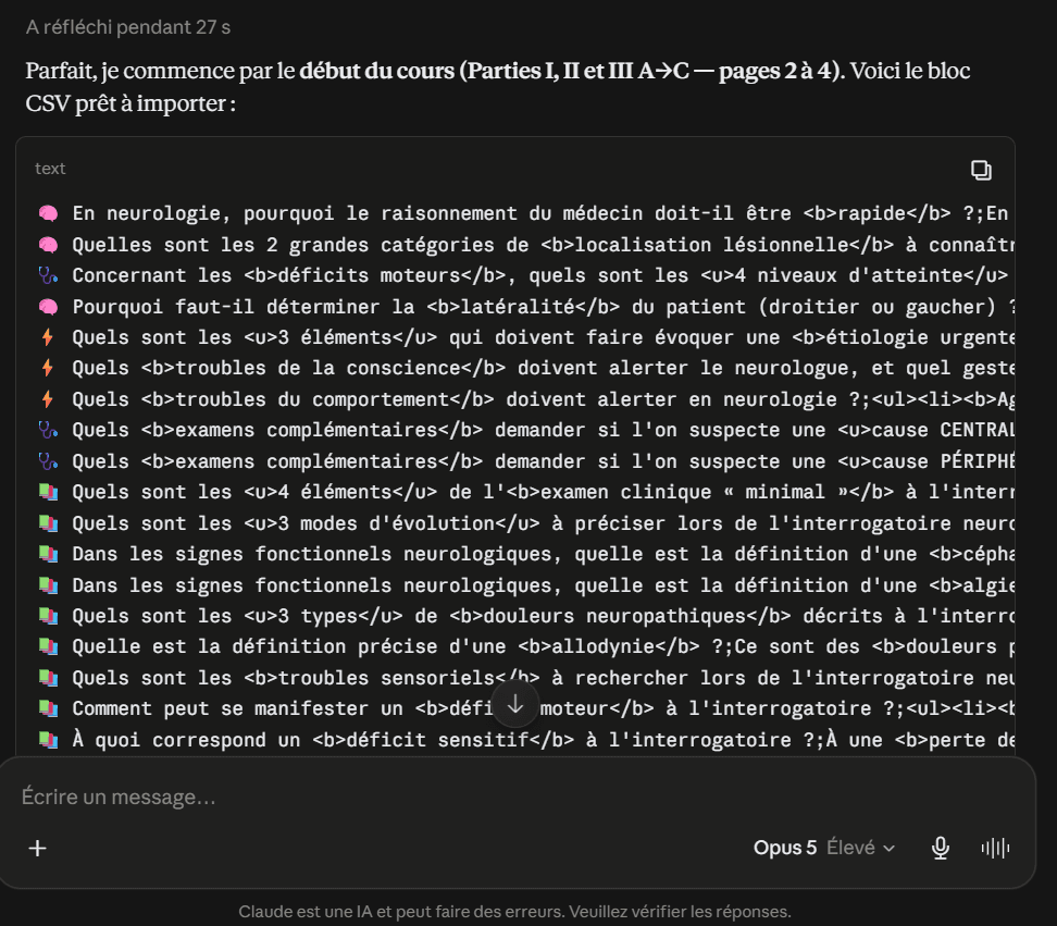 L'IA renvoie un bloc de code CSV contenant les flashcards générées, une ligne par carte
