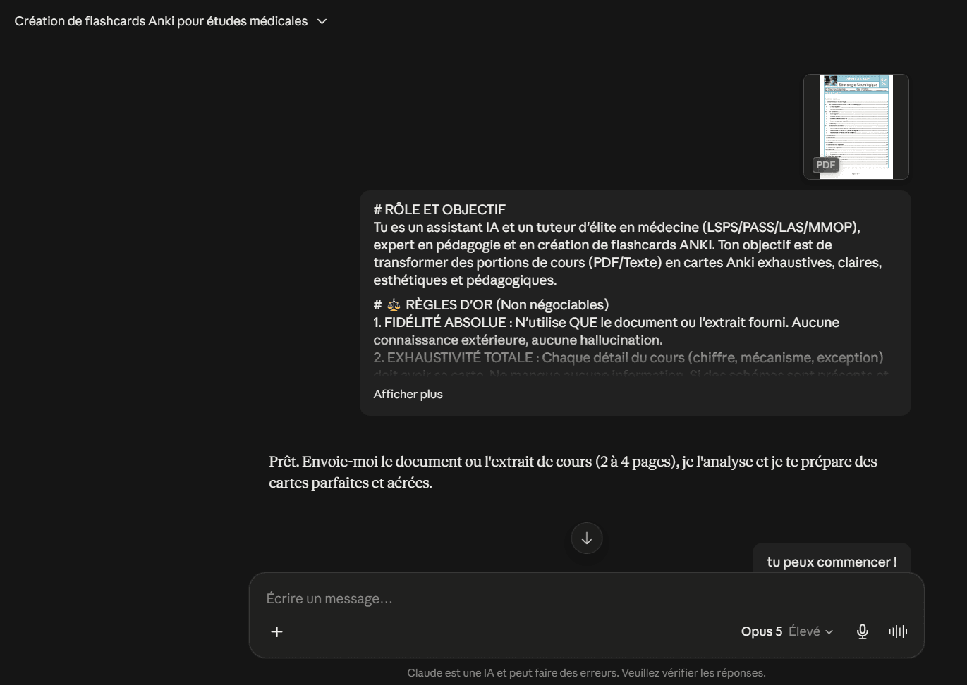 Conversation avec l'IA : le prompt de génération collé, le PDF du cours joint, et la réponse « Prêt. Envoie-moi le document »