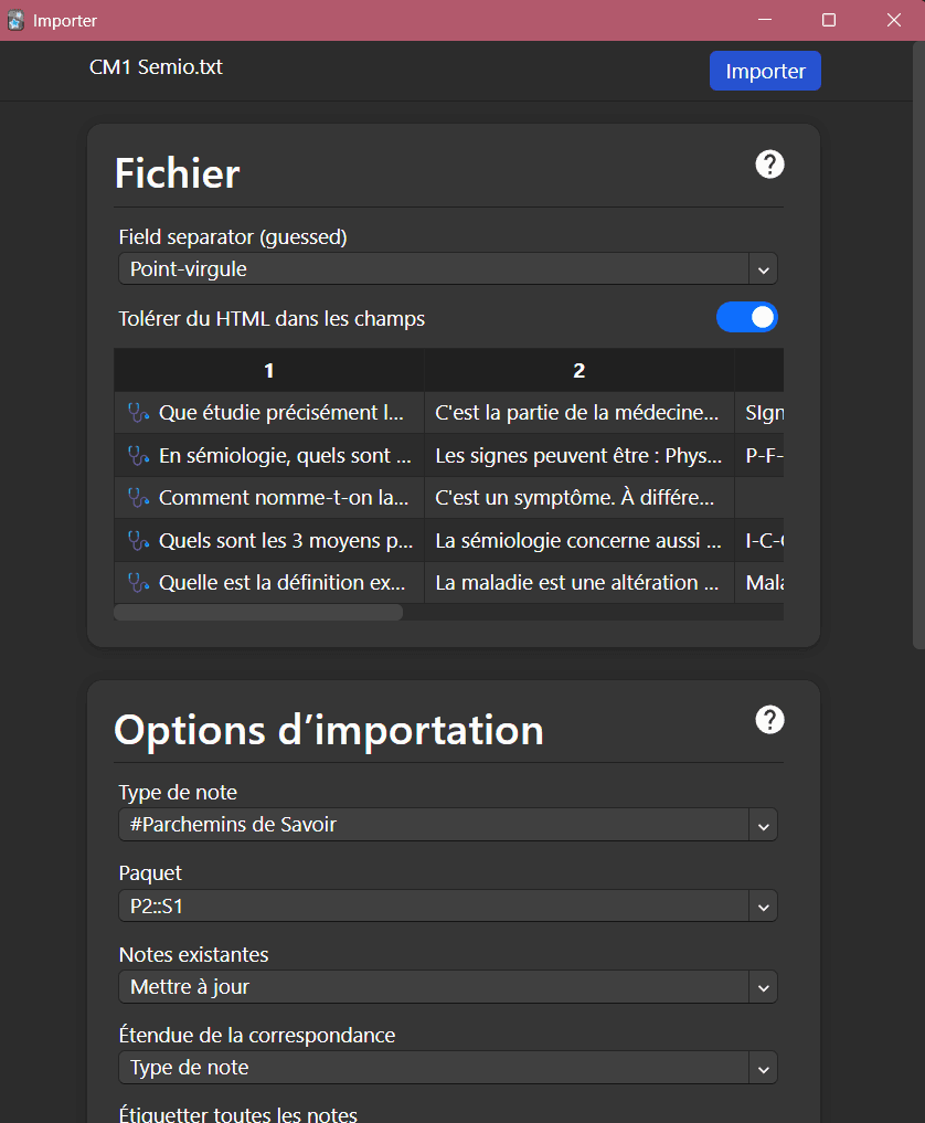 Écran d'importation d'Anki : séparateur point-virgule, tolérer le HTML activé, aperçu des colonnes, type de note #Parchemins de Savoir, paquet P2::S1