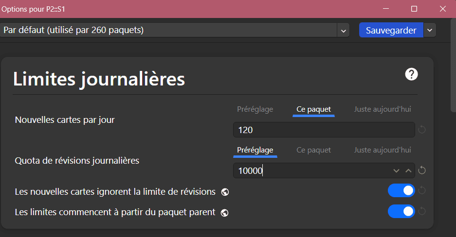 Section Limites journalières des options de paquet Anki : 120 nouvelles cartes par jour, quota de révisions à 10000