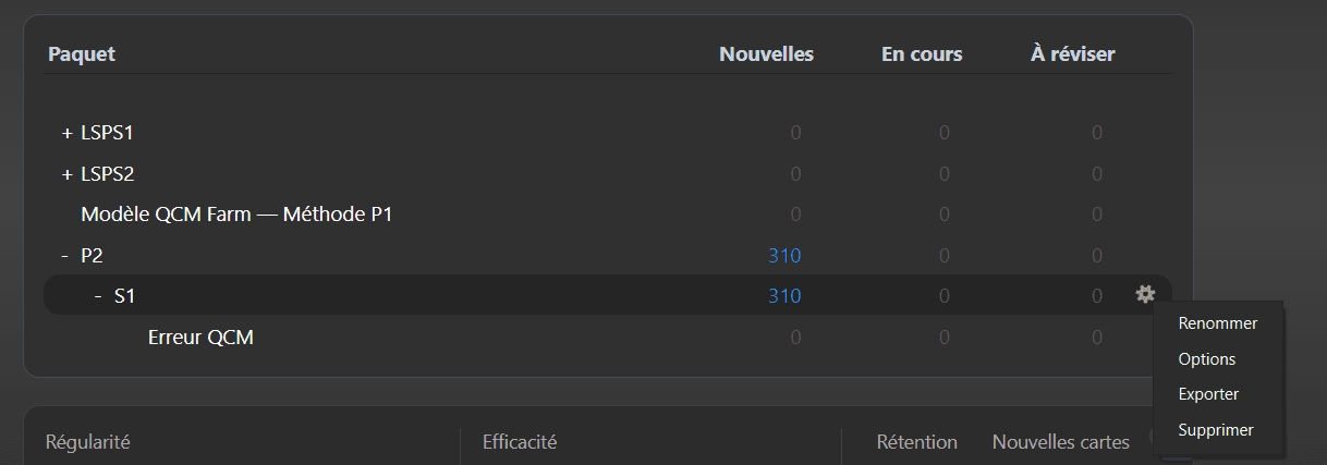 Liste des paquets Anki avec le menu du rouage ouvert : Renommer, Options, Exporter, Supprimer