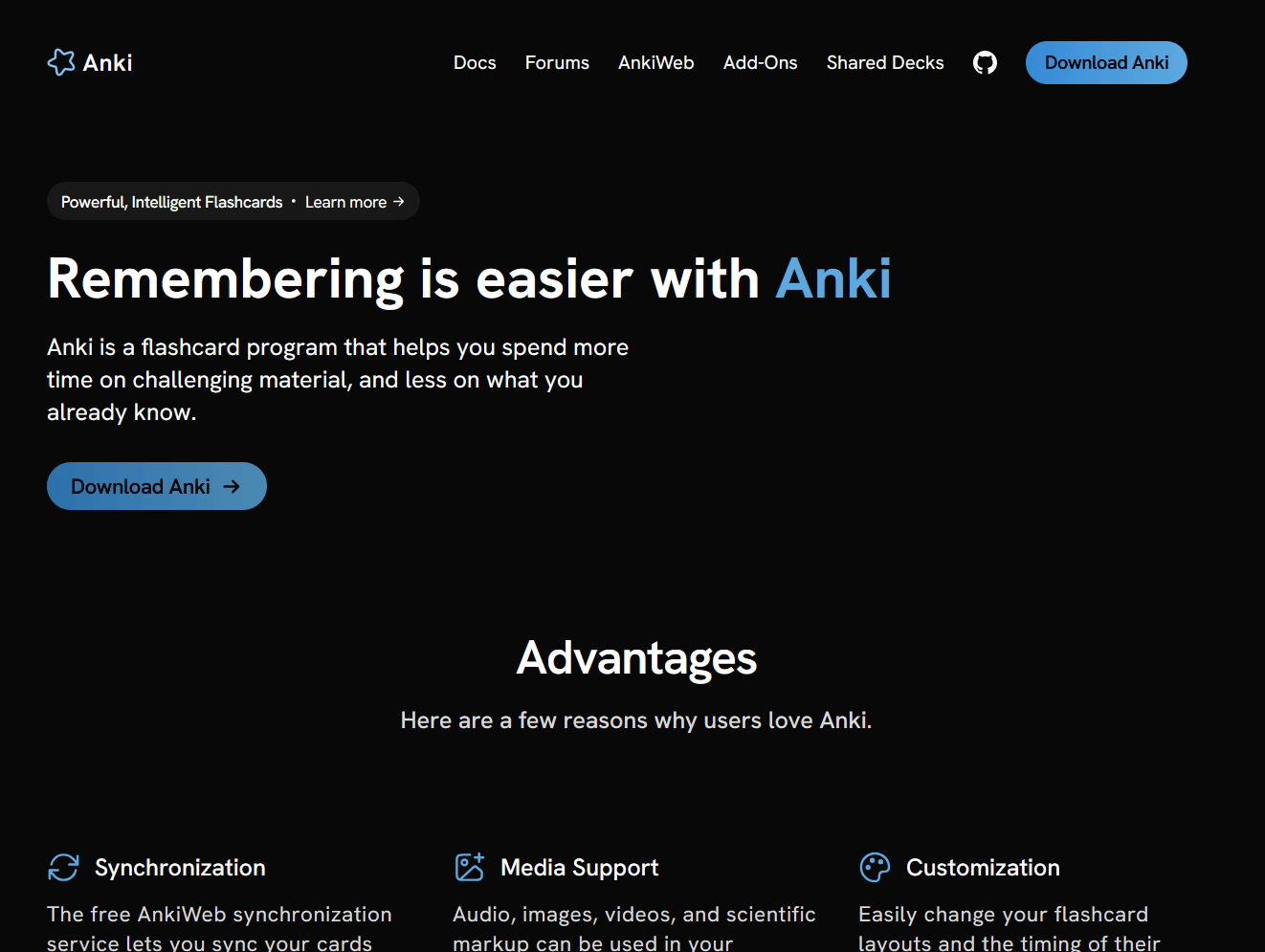 Page d'accueil du site officiel apps.ankiweb.net avec le bouton Download Anki