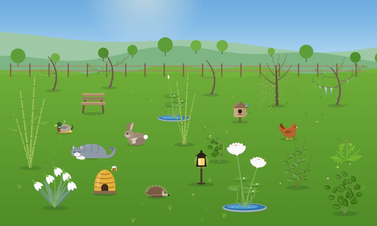 Un jardin du mois : les plantes des séances de révision, un chat, un lapin, un hérisson, une ruche et un banc dans une prairie.